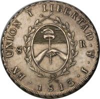 Argentina coin 8 Reales (1813) obverse obverse of 8 Reales (1813) coin with KM# 5 from Argentina.