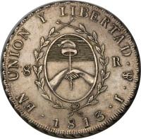 obverse of 8 Reales (1813) coin with KM# 5 from Argentina.