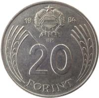 reverse of 20 Forint (1982 - 1989) coin with KM# 630 from Hungary. Inscription: 19 84 BP. 20 FORINT