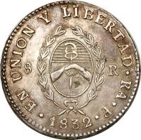 obverse of 8 Reales (1826 - 1837) coin with KM# 20 from Argentina. Inscription: EN UNION Y LIBERTAD RA P 8 R 1932