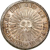 reverse of 8 Reales (1826 - 1837) coin with KM# 20 from Argentina. Inscription: PROVINCIAS DEL RIO DE LA PLATA