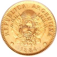 obverse of 2 1/2 Pesos / 1/2 Argentino (1881 - 1884) coin with KM# 30 from Argentina. Inscription: REPÚBLICA ARGENTINA 1884