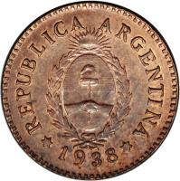 obverse of 1 Centavo (1938) coin with KM# Pn50 from Argentina. Inscription: REPUBLICA ARGENTINA 1938