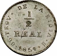 reverse of 1/2 Real (1854) coin with KM# 24 from Argentine provinces. Inscription: PROV · DE LA RIOJA ½ REAL 9D · 1854 · B