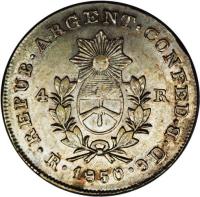 Argentine provinces coin 4 Reales (1846 - 1850) obverse obverse of 4 Reales (1846 - 1850) coin with KM# 20 from Argentine provinces. Inscription: REPUB.ARGENT.CONFED. 4 R R.1850.9D