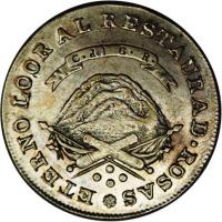 Argentine provinces coin 4 Reales (1846 - 1850) reverse reverse of 4 Reales (1846 - 1850) coin with KM# 20 from Argentine provinces. Inscription: ETERNO LOORAL RESTAURAD. ROSAS C. del G. R.