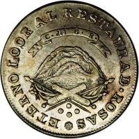 reverse of 4 Reales (1846 - 1850) coin with KM# 20 from Argentine provinces. Inscription: ETERNO LOORAL RESTAURAD. ROSAS C. del G. R.