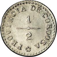 reverse of 1/2 Real (1850 - 1854) coin with KM# 29 from Argentine provinces. Inscription: PROVINCIA DE CORDOBA 1/2