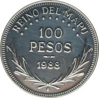 Argentine provinces coin 100 Pesos - Felipe (1988) reverse reverse of 100 Pesos - Felipe (1988) coin with X# 22 from Argentine provinces. Inscription: REINO DEL MAPU 100 PESOS 1988 8