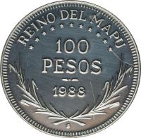 reverse of 100 Pesos - Felipe (1988) coin with X# 22 from Argentine provinces. Inscription: REINO DEL MAPU 100 PESOS 1988 8