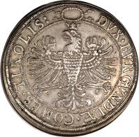 reverse of 2 Speciestaler - Leopold I - Hall mint (1626) coin with KM# 639 from Austria. Inscription: +DUX:BVRGVNDIAE:COMES:TIROLIS