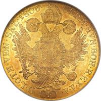 Austria coin 4 Ducat - Franz II - Trade Coinage (1804 - 1806) reverse reverse of 4 Ducat - Franz II - Trade Coinage (1804 - 1806) coin with KM# 2175 from Austria. Inscription: GERM · HVN · BOH · REX · A · A · D · LOTH · VEN · SAL · 1806 · ( 4 )