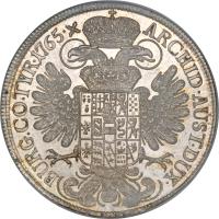 reverse of 1 Thaler - Maria Theresa (1754 - 1758) coin with KM# 1817 from Austria. Inscription: ARCHID · AUST · DUX · BURG · CO · TYR · 1765 · X