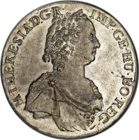 obverse of 1 Thaler - Maria Theresa (1754 - 1765) coin with KM# 1816 from Austria. Inscription: M · THERESIA · D:G · R · IMP · GE · HU · BO · REG ·