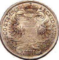 reverse of 17 Kreuzer - Maria Theresa (1750 - 1765) coin with KM# 1782 from Austria. Inscription: ARCHID · AUST · DUX · BURG · CO · TYR · 1762x XVII