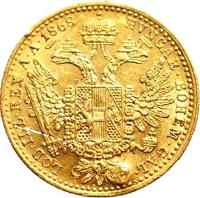 Austria coin 1 Ducat - Franz Joseph I (1867 - 1872) reverse reverse of 1 Ducat - Franz Joseph I (1867 - 1872) coin with KM# 2266 from Austria. Inscription: HVNGAR · BOHEM · GAL · LOD · ILL · REX · A · A · 1868