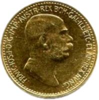 obverse of 10 Corona - Franz Joseph I - Reign (1908) coin with KM# 2810 from Austria. Inscription: FRANC · IOS · I · D · G · IMP · AUSTR · REX BOH · GAL · ILL · ETC · ET AP · REX HUNG ·