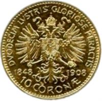 Austria coin 10 Corona - Franz Joseph I - Reign (1908) reverse reverse of 10 Corona - Franz Joseph I - Reign (1908) coin with KM# 2810 from Austria. Inscription: DUODECIM LUSTRIS GLORIOSE PERACTIS 1848 1908 10 CORON ·