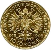 reverse of 10 Corona - Franz Joseph I - Reign (1908) coin with KM# 2810 from Austria. Inscription: DUODECIM LUSTRIS GLORIOSE PERACTIS 1848 1908 10 CORON ·