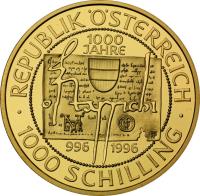 Austria coin 1000 Schilling - Ostarrichi - Otto III (1996) reverse reverse of 1000 Schilling - Ostarrichi - Otto III (1996) coin with KM# 3037 from Austria. Inscription: REPUBLIK ÖSTERREICH 1000 Jahre 996 1996 1000 SCHILLING