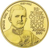 Austria coin 1000 Schilling - Kaiser Karl I (1999) reverse reverse of 1000 Schilling - Kaiser Karl I (1999) coin with KM# 3062 from Austria. Inscription: KAISER KARL I. 1887-1922 RE- PUBLIK ÖSTER- REICH 1000 SCHILLING 1999