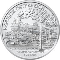 obverse of 20 Euro - Nordbahnhof Wien (2008) coin with KM# 3161 from Austria. Inscription: REPUBLIK ÖSTERREICH 20 EURO 2008 TP DAMPFLOKOMOTIVE kkStB 310