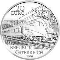 obverse of 20 Euro - Railways of the Future (2009) coin with KM# 3179 from Austria. Inscription: 20 EURO REPUBLIK ÖSTERREICH 2009