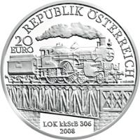 obverse of 20 Euro - Kaiserin Elisabeth Westbahn (2008) coin with KM# 3154 from Austria. Inscription: REPUBLIC ÖSTERREICH 20 EURO LOK kkStB 306 2008