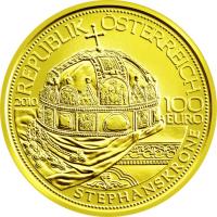Austria coin 100 Euro - The hungarian crown of St. Stephen (2010) obverse obverse of 100 Euro - The hungarian crown of St. Stephen (2010) coin with KM# 3191 from Austria. Inscription: REPUBLIK ÖSTERREICH 100 EURO STEPHANSKRONE