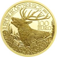 reverse of 100 Euro - The Red Deer (2013) coin with KM# 3225 from Austria. Inscription: REPUBLIK ÖSTERREICH 2013 100 EURO