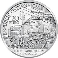 obverse of 20 Euro - The Electric Railway (2009) coin with KM# 3178 from Austria. Inscription: REPUBLIK ÖSTERREICH 20 EURO 2009 E-Lok BAUREIHE 1189 >KROKODIL<