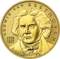 Austria coin 50 Euro - Ludwig van Beethoven (2004) obverse obverse of 50 Euro - Ludwig van Beethoven (2004) coin with KM# 3118 from Austria. Inscription: LUDWIG VAN BEETHOVEN 1770 1827 Beethoven