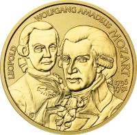 Austria coin 50 Euro - Mozart (2006) obverse obverse of 50 Euro - Mozart (2006) coin with KM# 3130 from Austria. Inscription: LEOPOLD WOLFGANG AMADEUS MOZART 1756 1791 TP