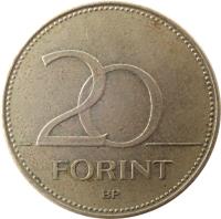 reverse of 20 Forint (1992 - 2011) coin with KM# 696 from Hungary. Inscription: BP. 20 FORINT