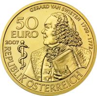 Austria coin 50 Euro - Gerard van Swieten (2007) edge edge of 50 Euro - Gerard van Swieten (2007) coin with KM# 3138 from Austria. Inscription: GERARD VAN SWIETEN 1700-1772 50 EURO 2007 REPUBLIK ÖSTERREICH
