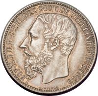 obverse of 5 Francs - Leopold II (1887 - 1896) coin with KM# 8 from Belgian Congo. Inscription: LEOPOLD II R.D.BELGES SOUV.DE L'ETAT INDEP.DU CONGO L. WIENER