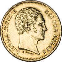 obverse of 25 Francs - Leopold I (1848 - 1850) coin with KM# 13 from Belgium. Inscription: LÉOPOLD PREMIER ROI DES BELGES L WIENER