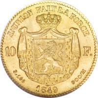 Belgium coin 10 Francs - Leopold I (1849 - 1850) reverse reverse of 10 Francs - Leopold I (1849 - 1850) coin with KM# 18 from Belgium. Inscription: L'UNION FAIT LA FORCE 10F. 3,106 1849 900/M
