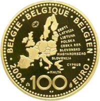 reverse of 100 Euro - Albert II - Expansion of the EU (2004) coin with KM# 239 from Belgium. Inscription: BELGIE · BELGIQUE · BELGIEN · 2004 100 EURO · EESTI LATVIJA LIETUVA POLSKA CEŠKA REP. SLOVENSKO MAGYARORSZAG SLOVENIJA MALTA CYPRUS PP