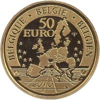 obverse of 50 Euro - Albert II - Central Africa Museum (2010) coin with KM# 306 from Belgium. Inscription: BELGIQUE · BELGIE · BELGIEN 50 EURO 2010 LL