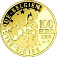 reverse of 100 Euro - Albert II - Brussels Exposition (2008) coin with KM# 272 from Belgium. Inscription: BELGIE - BELGIQUE - BELGIEN 100 EURO 2008