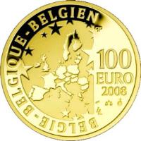 Belgium coin 100 Euro - Albert II - Brussels Exposition (2008) reverse reverse of 100 Euro - Albert II - Brussels Exposition (2008) coin with KM# 272 from Belgium. Inscription: BELGIE - BELGIQUE - BELGIEN 100 EURO 2008