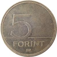 reverse of 5 Forint (1992 - 2011) coin with KM# 694 from Hungary. Inscription: BP. 5 FORINT