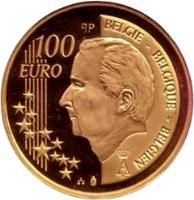 reverse of 100 Euro - Albert II - 175th Anniversary of Independence (2005) coin with KM# 253 from Belgium. Inscription: 100 EURO BELGIE BELGIQUE BELGIEN 2005