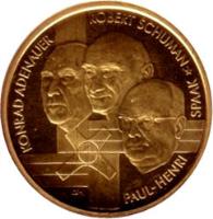 obverse of 100 Euro - Albert II - Founding Fathers of Europe (2002) coin with KM# 237 from Belgium. Inscription: KONRAD ADENAUER ROBERT SCHUMANN PAUL-HENRI SPAAK