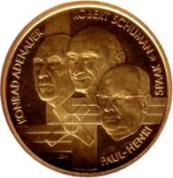 Belgium coin 100 Euro - Albert II - Founding Fathers of Europe (2002) obverse obverse of 100 Euro - Albert II - Founding Fathers of Europe (2002) coin with KM# 237 from Belgium. Inscription: KONRAD ADENAUER ROBERT SCHUMANN PAUL-HENRI SPAAK