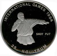 Bhutan coin 25 Ngultrums - Jigme Singye Wangchuk - Shot Put (1984) reverse reverse of 25 Ngultrums - Jigme Singye Wangchuk - Shot Put (1984) coin with KM# 62 from Bhutan. Inscription: INTERNATIONAL GAMES 1984 SHOT PUT 25 NGULTRUM