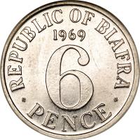 reverse of 6 Pence (1969) coin with KM# 12 from Biafra. Inscription: REPUBLIC OF BIAFRA 1969 6 PENCE