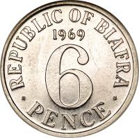 Biafra coin 6 Pence (1969) reverse reverse of 6 Pence (1969) coin with KM# 12 from Biafra. Inscription: REPUBLIC OF BIAFRA 1969 6 PENCE