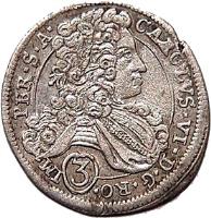 Bohemia coin 3 Kreuzer - Karl VI - Kuttenberg mint (1712 - 1718) obverse obverse of 3 Kreuzer - Karl VI - Kuttenberg mint (1712 - 1718) coin with KM# 656 from Bohemia. Inscription: CAROLVS · D · G · RO · (3)IM PER · S · A ·